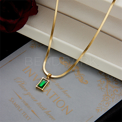 Stainless Steel Green Cubic Zirconia Rectangle Pendant Necklaces for Women WGBD318-01-1