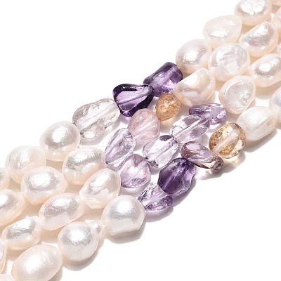Natural Ametrine Nuggets & Natural Cultured Freshwater Pearl Beads Strands PEAR-N023-01A-14-1