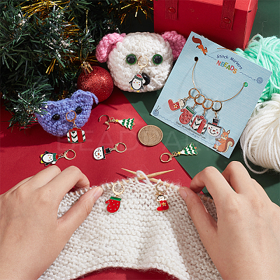Christmas Alloy Enamel Tree & Gifts Box & Penguin & Snowman & Stocking & Glove Pendant Locking Stitch Markers HJEW-AB00066-1