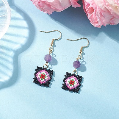 Handmade Glass Seed Beaded Window Lattice Pattern Dangle Earrings EJEW-MZ00560-1