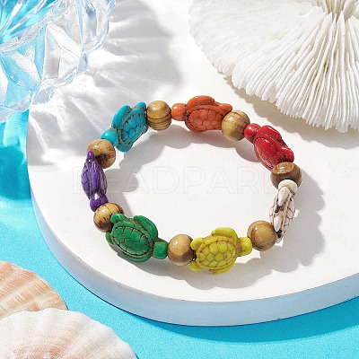 Beach Turtle Dyed Synthetic Turquoise Stretch Bracelets BJEW-JB10297-02-1