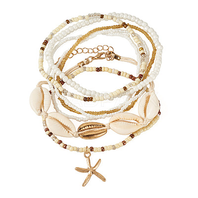 2 Bags Summer Beach Glass Seed Beaded & Natural Shell & Alloy Starfish Charm Anklet Sets AJEW-TA0003-69F-1