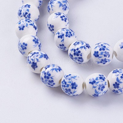 Handmade Flower Printed Porcelain Ceramic Beads Strands PORC-J006-C03-1