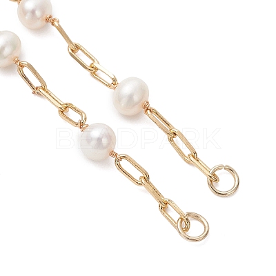 Natural Cultured Freshwater Pearl Beads & Brass Paperclip Chain Bracelet Making AJEW-JB01451-1