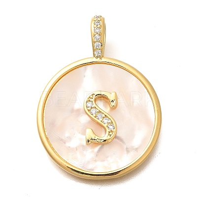 Rack Plating Brass Micro Pave Clear Cubic Zirconia Pendants with Shell KK-M309-42G-S-1
