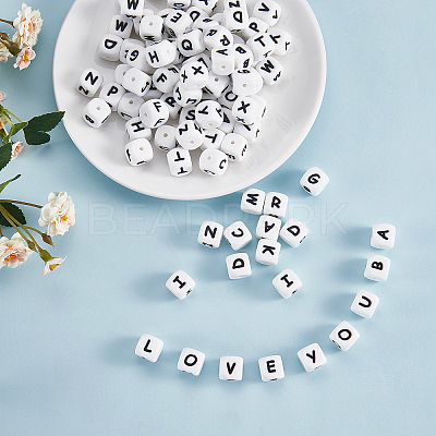 20Pcs White Cube Letter Silicone Beads 12x12x12mm Square Dice Alphabet Beads with 2mm Hole Spacer Loose Letter Beads for Bracelet Necklace Jewelry Making JX432P-1