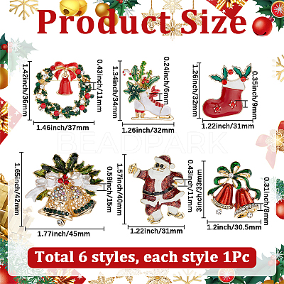 6Pcs 6 Styles Christmas Theme Golden Zinc Alloy with Rhinestone Brooches JEWB-SP0001-08-1