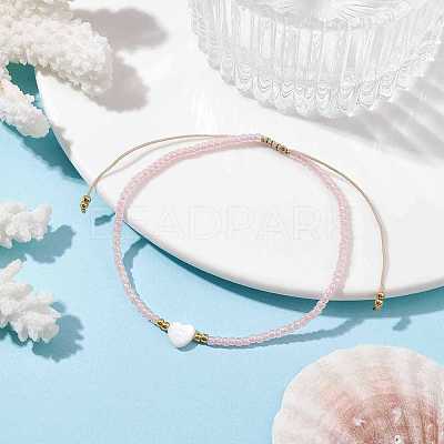 Heart Natural Shell & Glass Seed Braided Bead Bracelets BJEW-JB09922-01-1