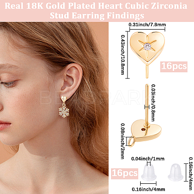 16Pcs Brass Micro Pave Clear Cubic Zirconia Stud Earring Findings MAK-BBC0001-19A-1