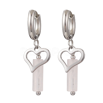 304 Stainless Steel Rose Quartz Column Hoop Earrings EJEW-JE06791-02-1