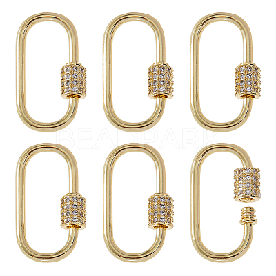 6Pcs Brass Micro Pave Clear Cubic Zirconia Screw Carabiner Lock Charms ZIRC-DC0001-34-1