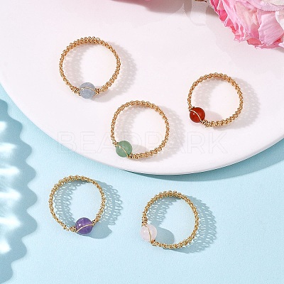 Copper Wire Wrapped Natural Gemstone Braided Bead Rings for Women RJEW-JR00951-1
