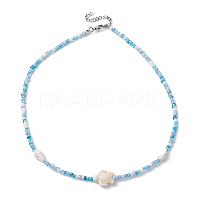 Summer Beach Sea Turtle Dyed Synthetic Turquoise & Glass Seed Beads Beaded Necklaces for Women NJEW-JN05081-02-1