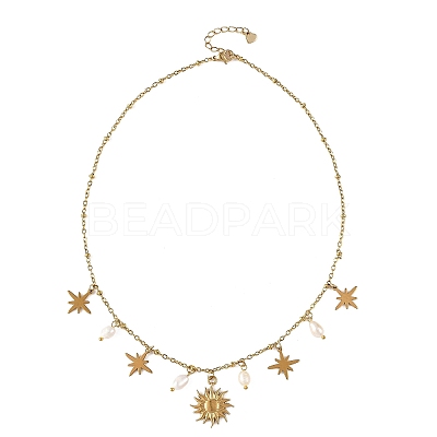 304 Stainless Steel & 201 Stainless Steel Sun Star Pendant Necklaces with Natural Pearl Beads for Women NJEW-JN06527-1