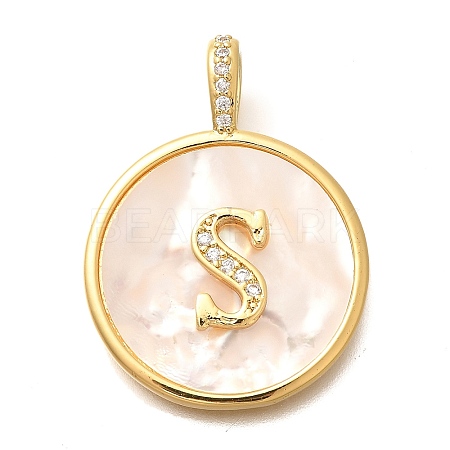 Rack Plating Brass Micro Pave Clear Cubic Zirconia Pendants with Shell KK-M309-42G-S-1