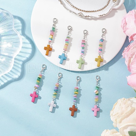 Synthetic Turquoise Cross with Natural Freshwater Shell Nuggets Pendant Decorations HJEW-JM04256-1