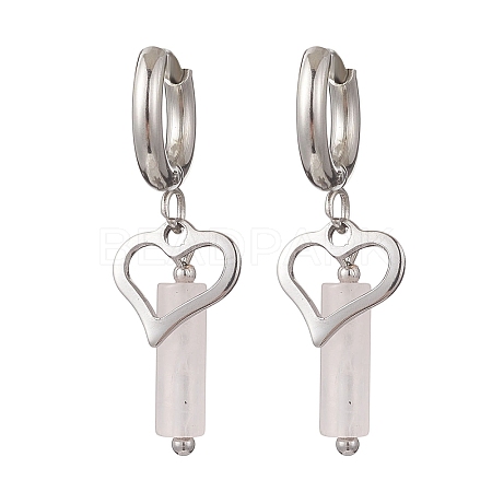 304 Stainless Steel Rose Quartz Column Hoop Earrings EJEW-JE06791-02-1