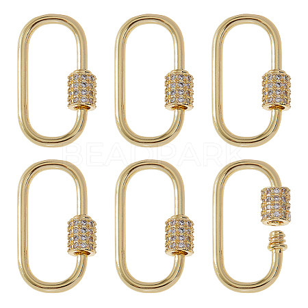 6Pcs Brass Micro Pave Clear Cubic Zirconia Screw Carabiner Lock Charms ZIRC-DC0001-34-1