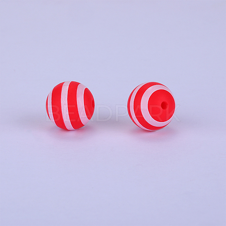 Printed Round with Stripe Pattern Silicone Focal Beads SI-JX0056A-142-1