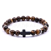 Natural Tiger Eye Stretch Bracelet with Cross Beaded PW-WG63929-02-1