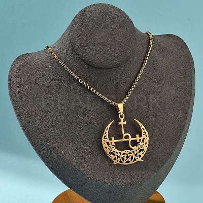 201 Stainless Steel Hollow Crescent Moon Pendant Box Chain Necklaces NJEW-M086-02G-1