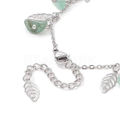 Natural Green Aventurine Chips & Leaf Charms Anklet AJEW-AN00512-05-1