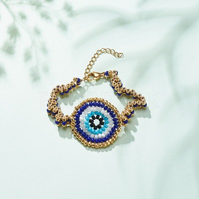 Glass Seed Braided Evil Eye Link Bracelet for Women BJEW-JB08398-02-1