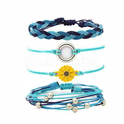 4Pcs Flower with Ring Alloy & Wax Cord Braided Bead Bracelets Set FS-WG10F8B-11-1