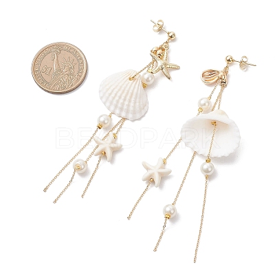 Brass Glass Pearl Shell Shape Dangle Stud Earrings EJEW-TA00764-1