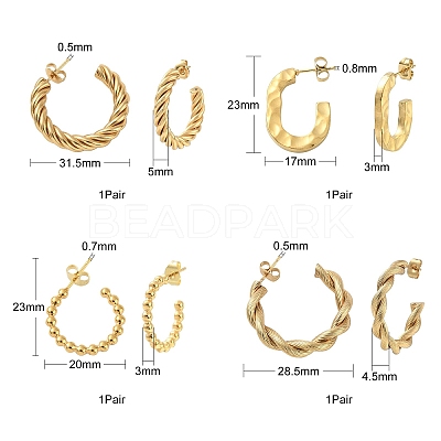 4 Pairs 4 Style 304 Stainless Steel Twist Rope & Oval & Ball Beaded C-shape Stud Earrings EJEW-TZ0001-01-1