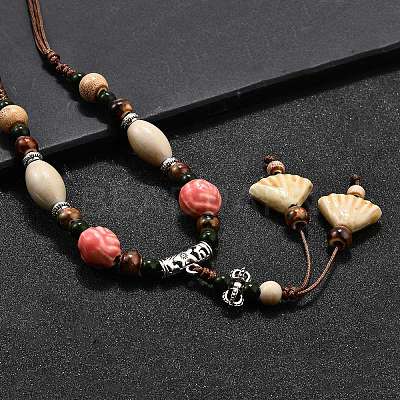 Ethnic Style Alloy & Porcelain Ceramic Beads Pendant Tassel Y Necklaces NJEW-D308-03A-1