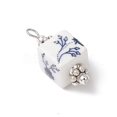 Blue and White Floral Printed Cube Porcelain Pendants PALLOY-JF03965-01-1