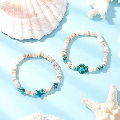 Sea Turtles and Starfish Natural Freshwater Shell Beads Bracelets BJEW-55.0-01-1