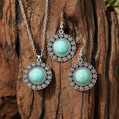Bohemian Style Zinc Alloy & Synthetic Turquoise Pendant Necklaces & Dangle Earrings Sets WG40DB6-07-1
