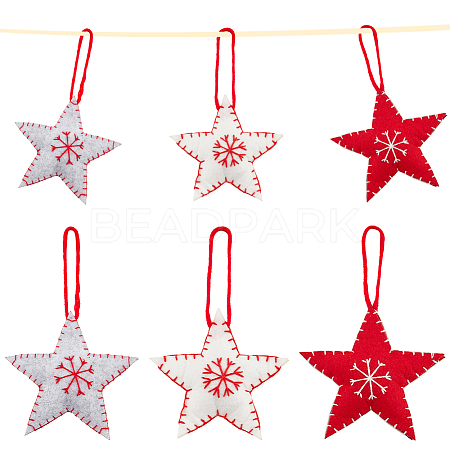 CRASPIRE 6Pcs 3 Colors Star with Snowflake Felt Fabric Pendant Decoration HJEW-CP0001-09-1