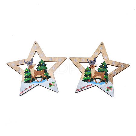 Christmas Theme Single-Sided Printed Wood Big Pendants WOOD-N005-62-1