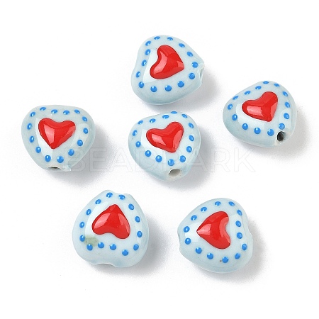 Heart Pattern Handmade Porcelain Enamel Beads PORC-G016-03O-1