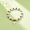 Natural Mashan Jade Skull Beaded Stretch Bracelet with Synthetic Turquoise(Dyed) Cross Charm BJEW-JB08378-01-2
