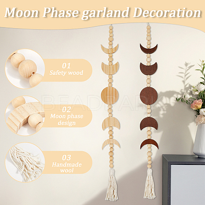 2Pcs 2 Colors Moon Phases Wood Beaded Pendant Decoration HJEW-CP0001-16-1