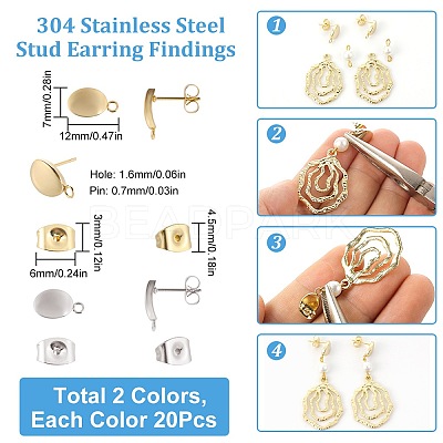 40Pcs 2 Color 201 Stainless Steel Oval Stud Earring Findings STAS-SC0005-29-1