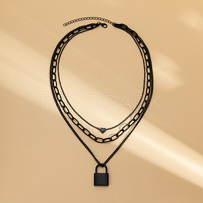Punk Style Alloy 3 Layer Lock Pendant Necklaces for Women WG28CE4-01-1