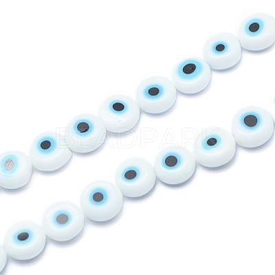 Handmade Evil Eye Lampwork Flat Round Bead Strands X-LAMP-L058-8mm-14-1