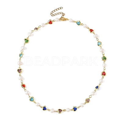 Natural Cultured Freshwater Pearl & Brass Glass Link Chains Necklaces for Women NJEW-JN06407-1
