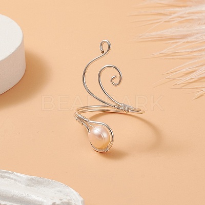 Copper Wire Wrapped Natural Freshwater Pearl Cuff Rings for Women RJEW-JR00553-02-1