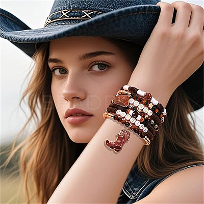 7Pcs Boot Western Cowboy Style Polymer Clay Heishi  & CCB Plastic & Natural Tiger Eye Beaded Bracelets FS-WG5CAF3-03-1