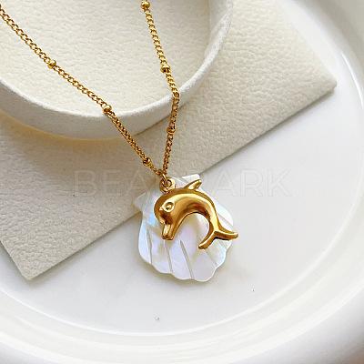 Natural Shell & 304 Stainless Steel Pendant Satellite Chain Necklaces for Women FS-WG3FAFC-02-1