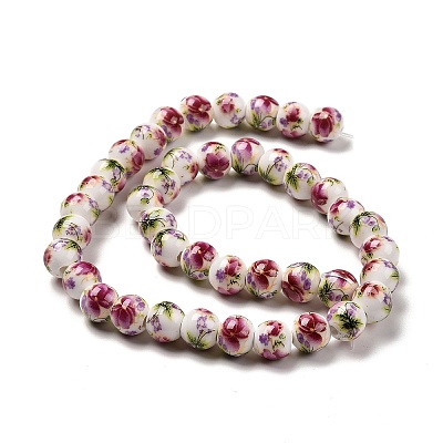 Handmade Flower Printed Porcelain Ceramic Beads Strands PORC-J006-C04-1
