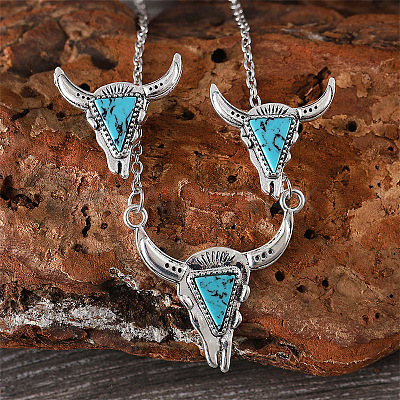 Western Cowboy Style Synthetic Turquoise Cattle Head Pendant Necklaces & Stud Earrings Sets for Women FS-WG063A3-03-1