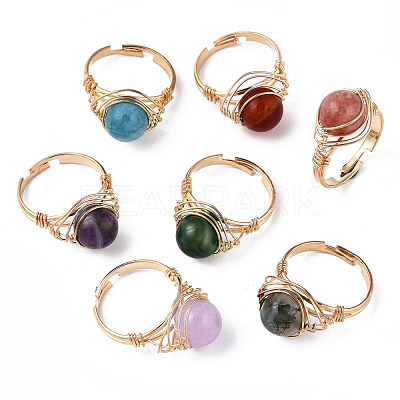 Adjustable Natural & Synthetic Gemstone Round Finger Rings RJEW-T020-01KC-1