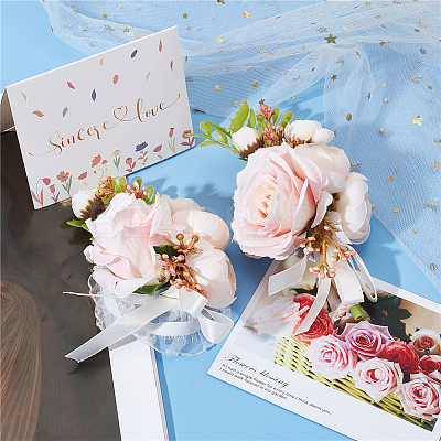 2Pcs 2 Style Silk Cloth Rose Flower Boutonniere Brooch & Wrist Corsage AJEW-CP0001-52-1